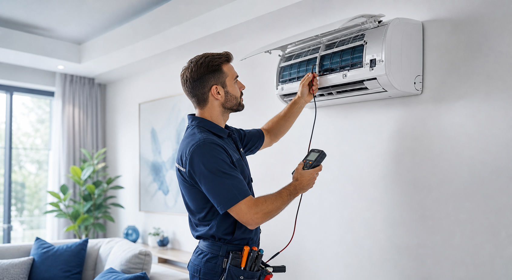 Professional AC technician repairing a modern split air conditioner